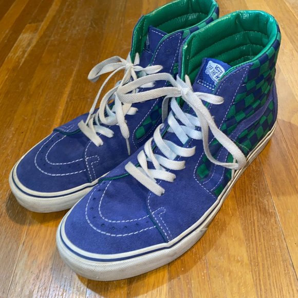 Vans Sk8 Hi Top Blue and Green Checkerboard Pattern Shoe - Picture 8 of 10